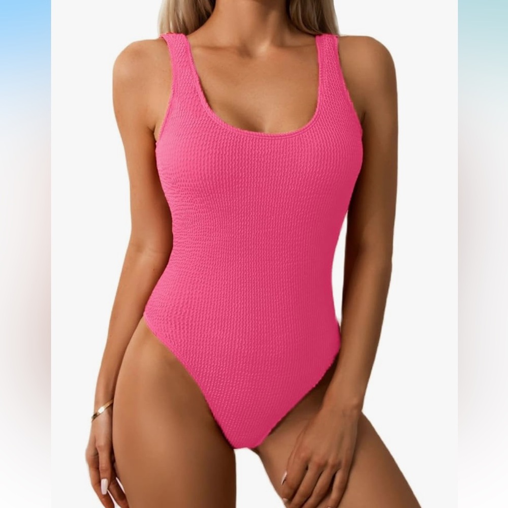 Hot Pink One Piece Ribbed Swimsuit | Low Cut‎ Back | M | NWOT